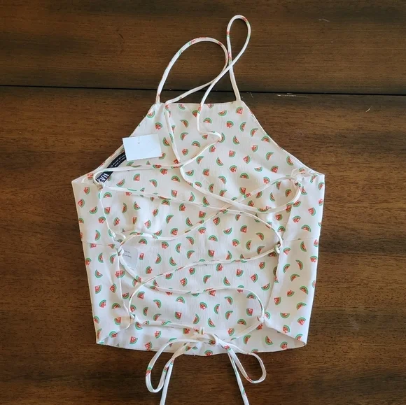 ⭐3/$25⭐ NWT Zara Women's Strappy Watermelon Pattern Crop Top Size XS - Picture 3 of 6